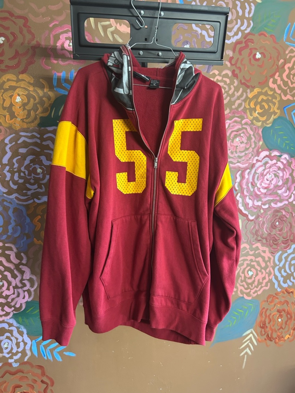 Men's Zip-Up Hoodie Sweater - Maroon with Yellow Number 55